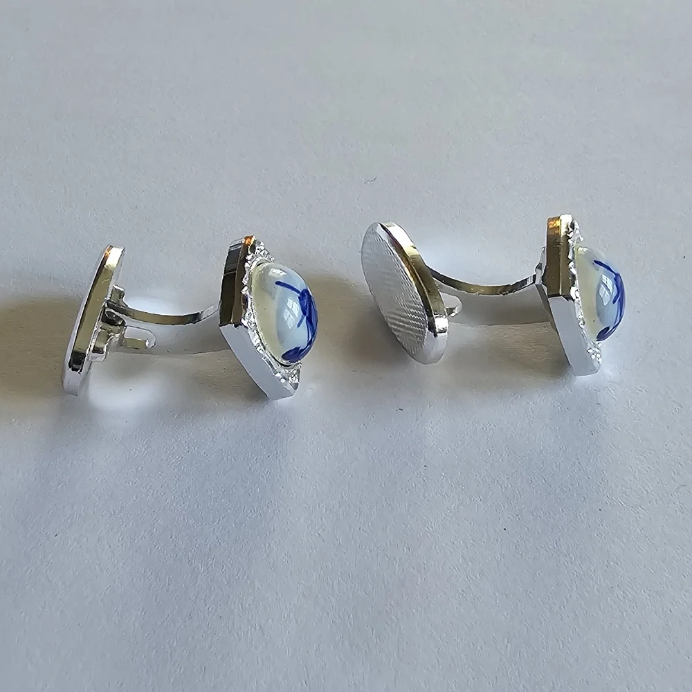 Vintage cufflinks Delft windmill silver tone Dutch blue white cuff links
